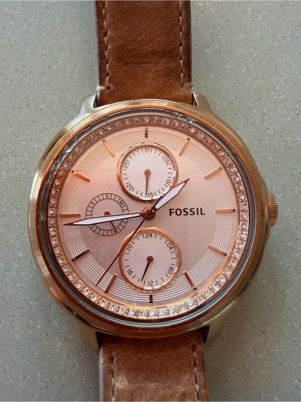 Fossil Chelsea Rose Gold Dial Brown Leather Strap Watch